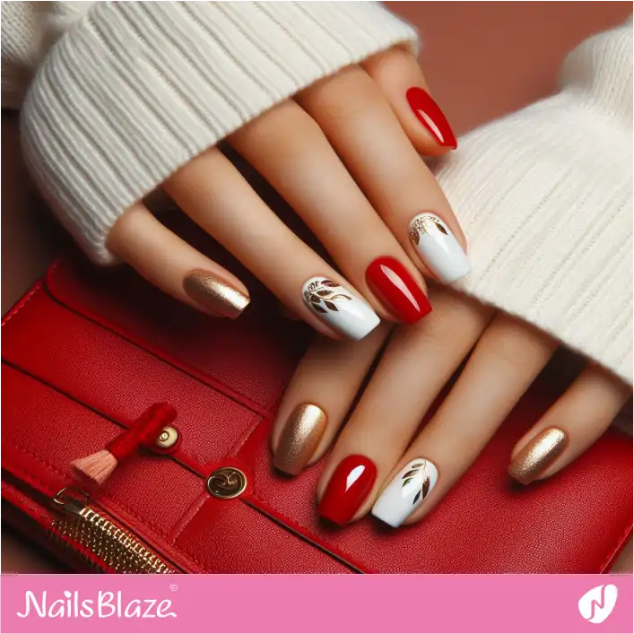 Red and White Nails Gold Foil Design | Foil Nails - NB4114